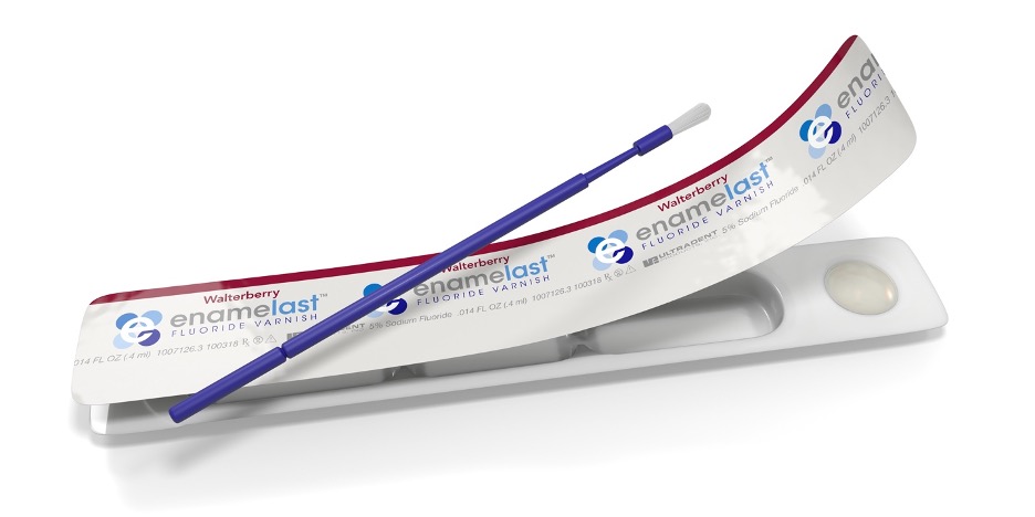 Illustration of an Enamelast fluoride varnish blister pack with applicator brush